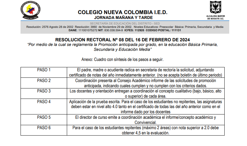 COLEGIO NUEVA COLOMBIA - Promoción Anticipada 2024